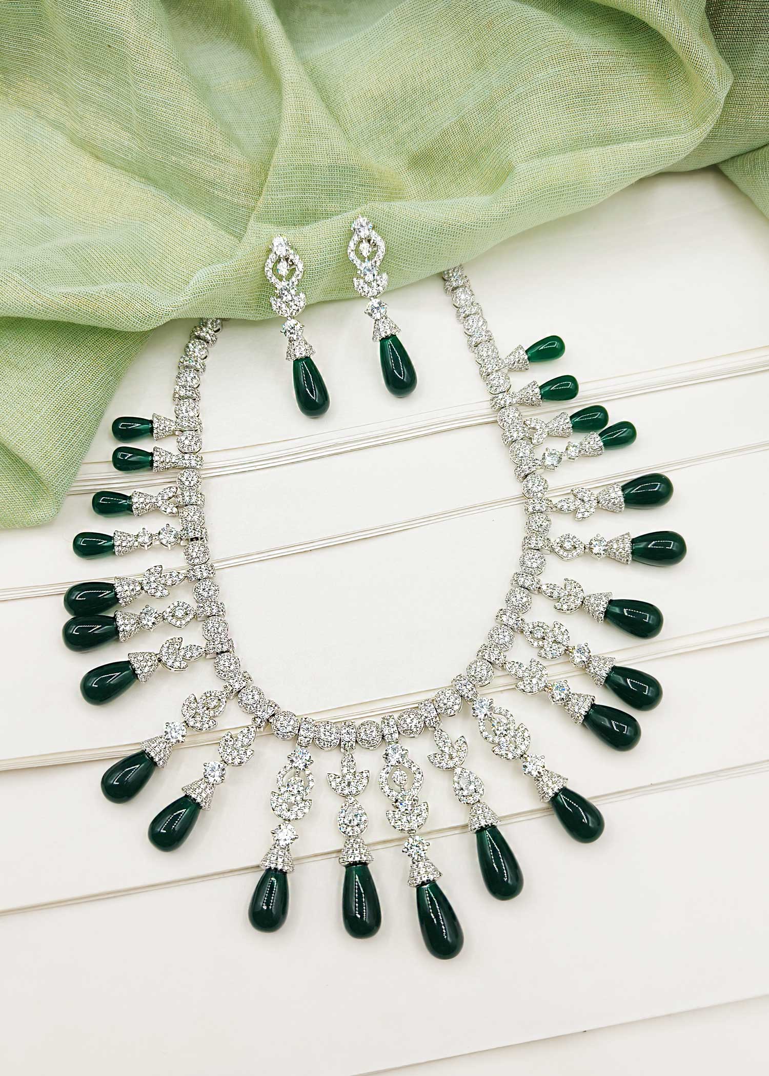 Silver-Plated Diamond Emerald Necklace Set