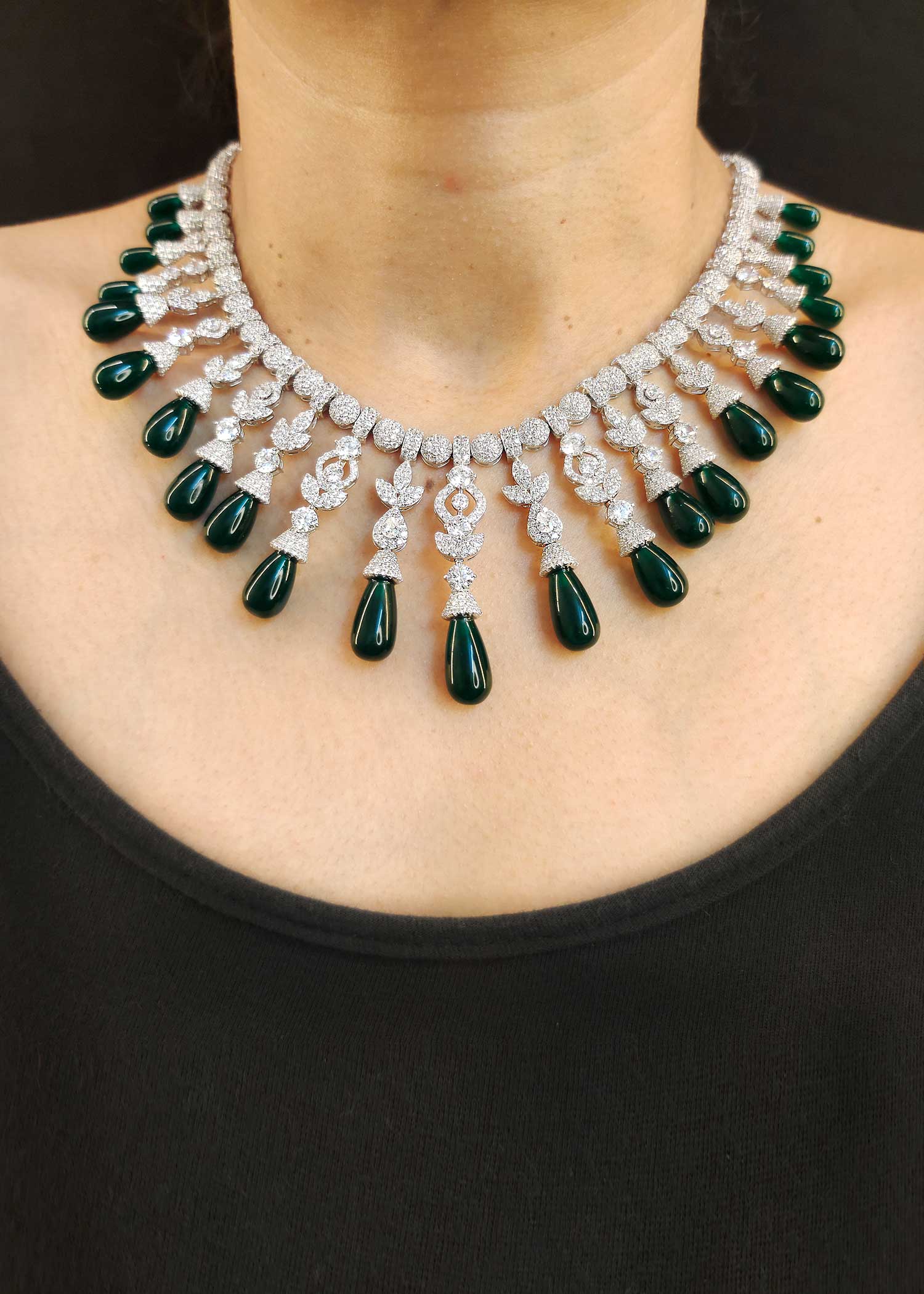 Silver-Plated Diamond Emerald Necklace Set