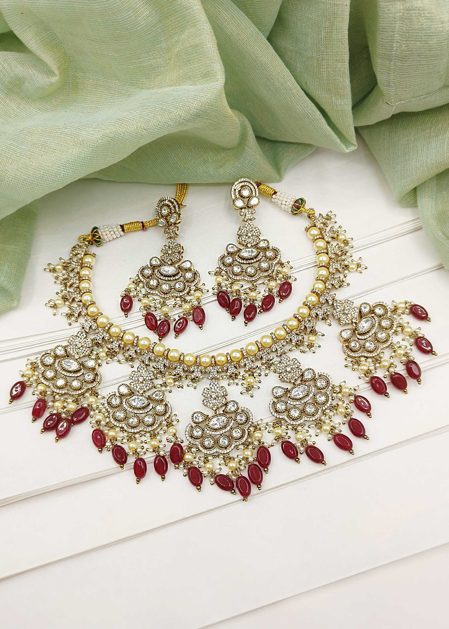 Red Beads Antique Gold Kundan Studded Bridal Choker Necklace Set