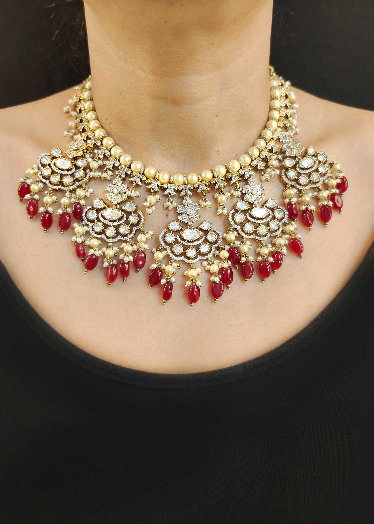 Red Beads Antique Gold Kundan Studded Bridal Choker Necklace Set