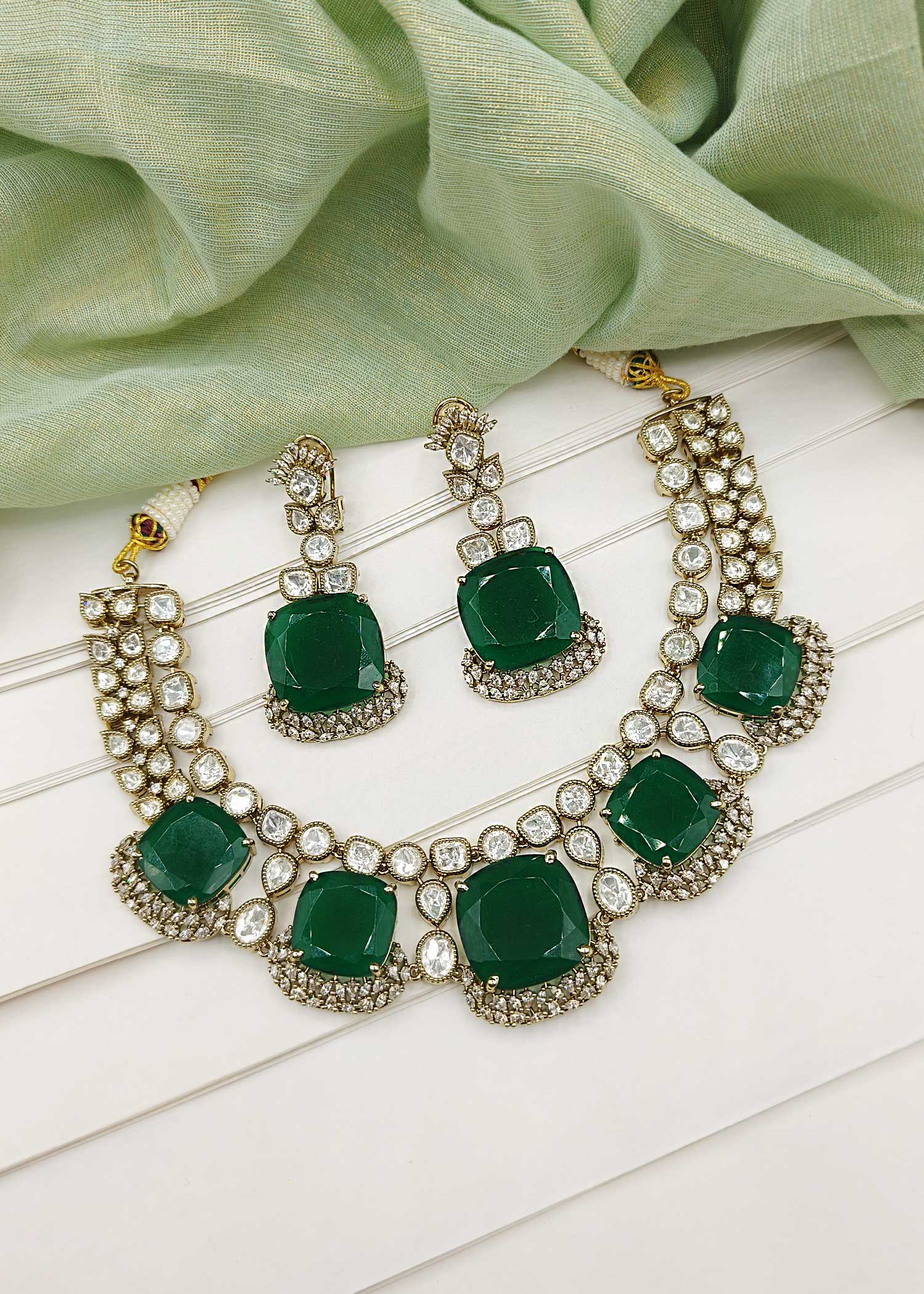 Cubic Zircon With Kundan Stone Emerald Traditional Necklace Set