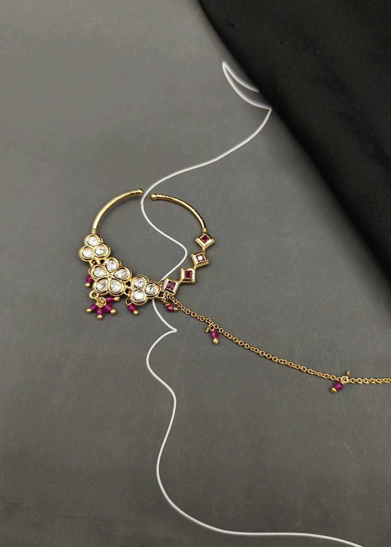 Flower Design Kundan Ruby Beads Gold Plated Nath With Chain