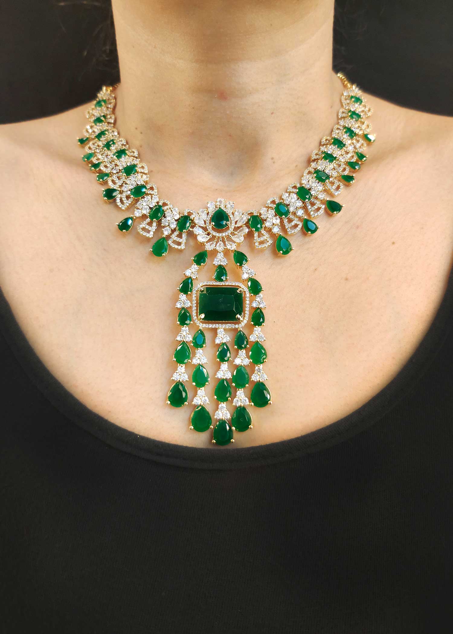 Cubic Zircon Drop Shape Emerald Stone Necklace Set