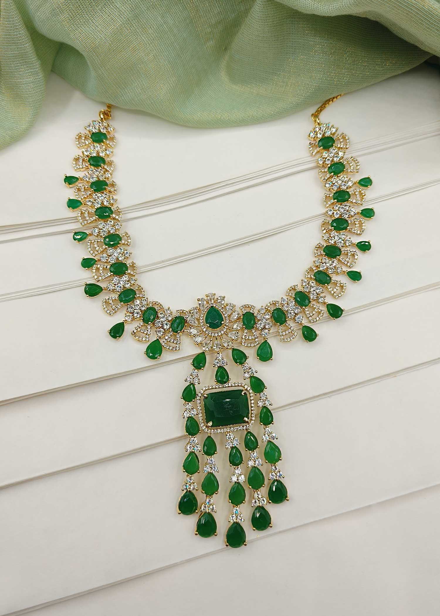 Cubic Zircon Drop Shape Emerald Stone Necklace Set