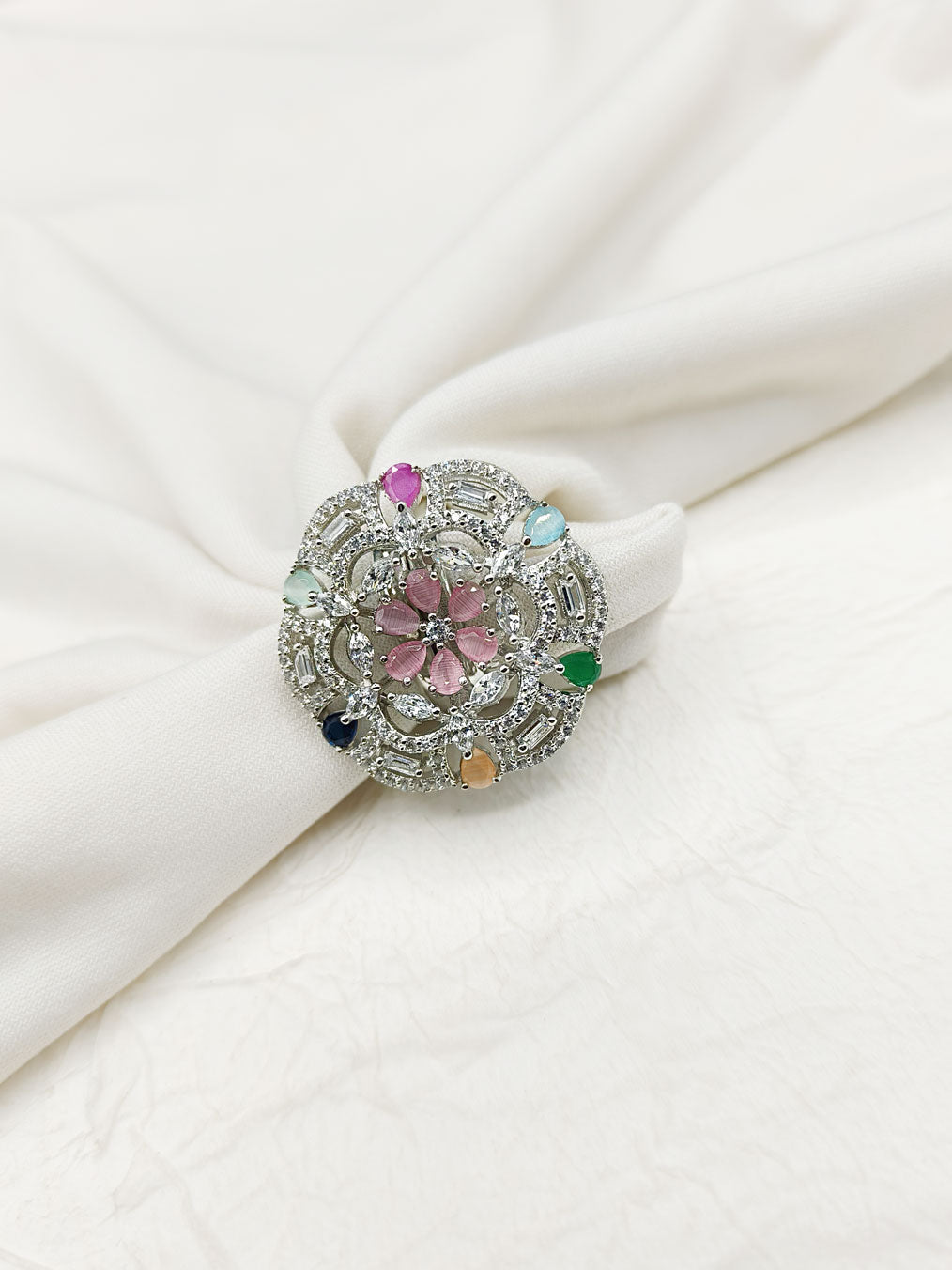 Multi Colour Stone Floral Design Cubic Zircon Adjustable Finger Ring