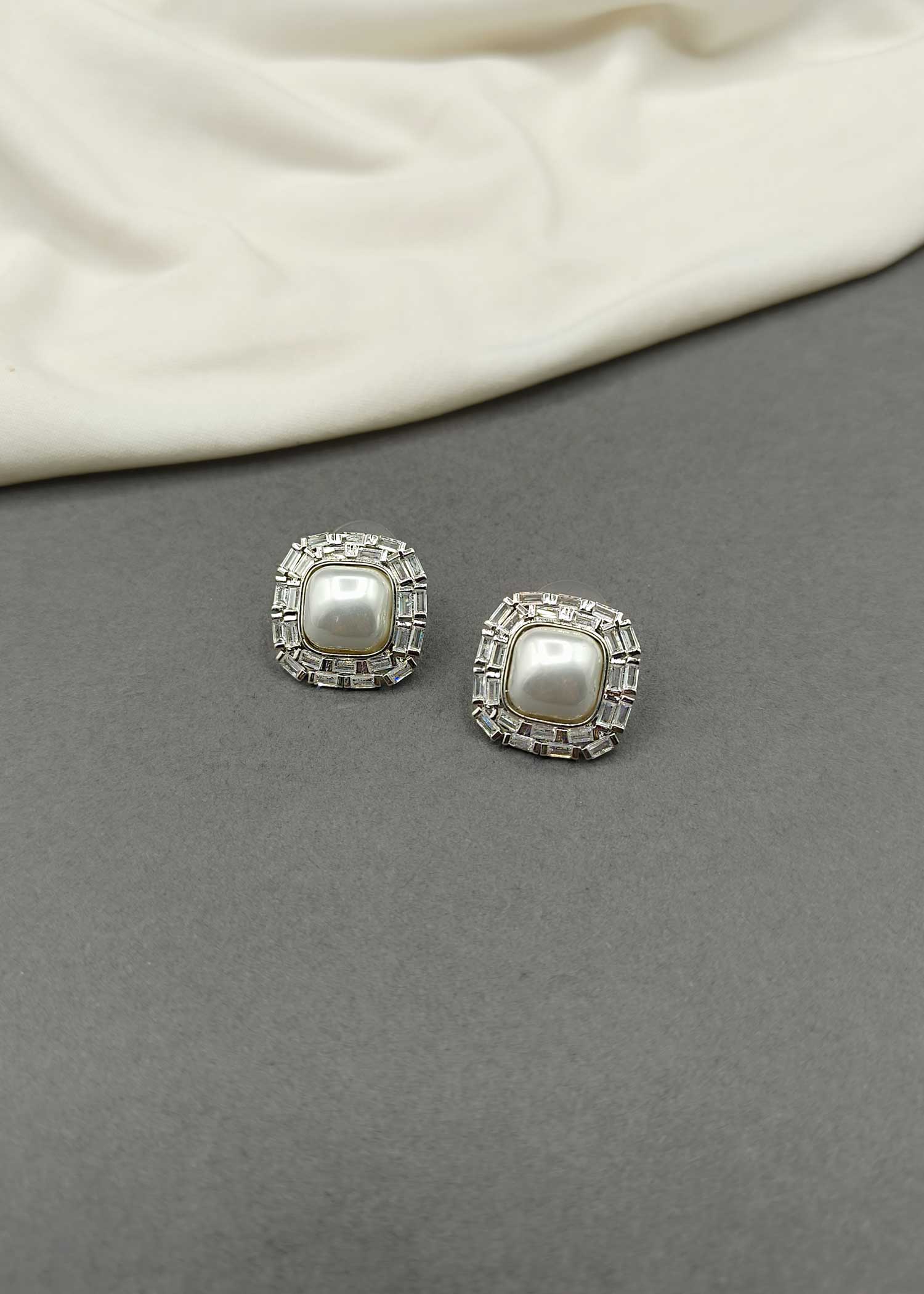 Square Shape Pearl Stud Small Earring