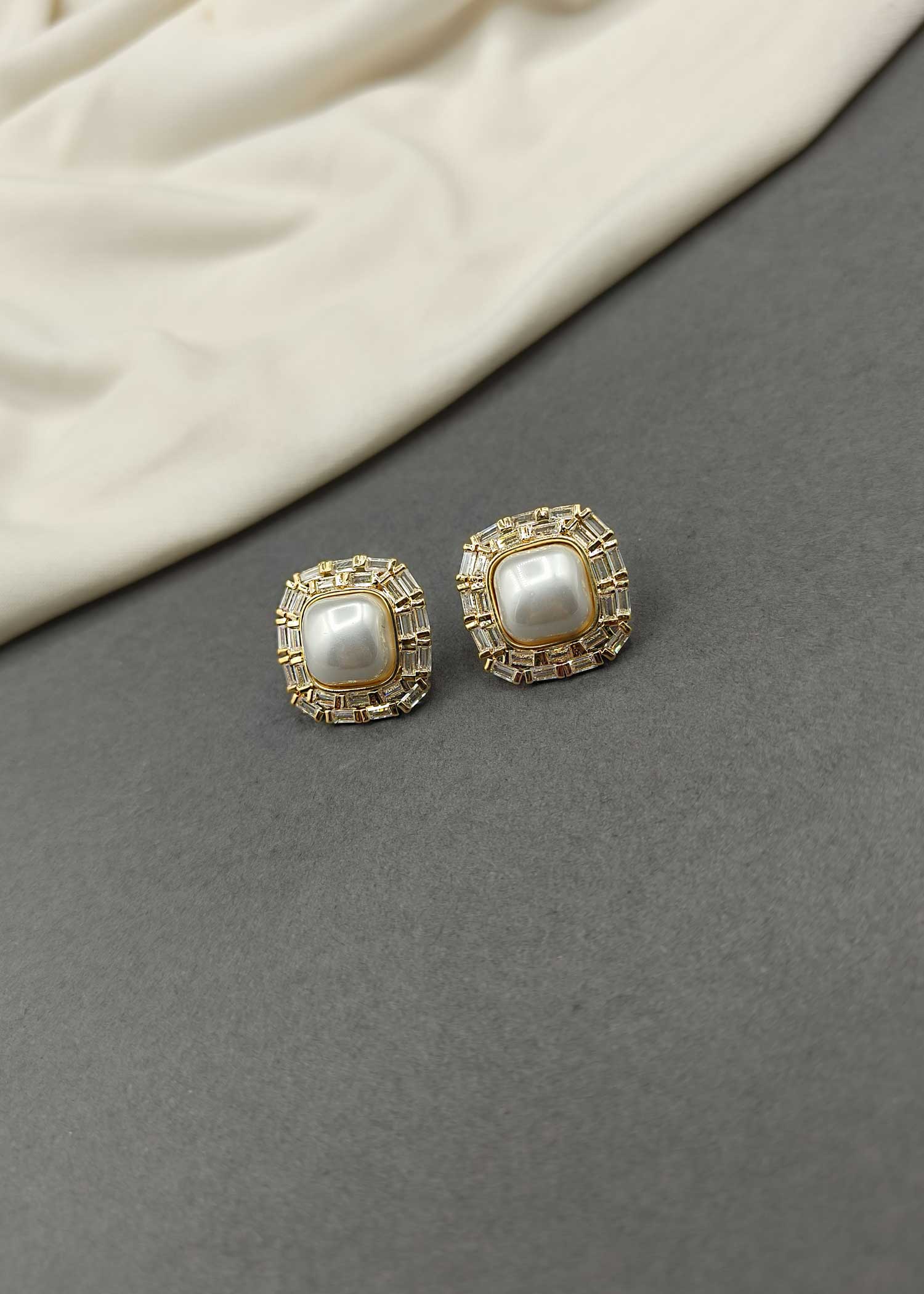 Square Shape Pearl Stud Small Earring