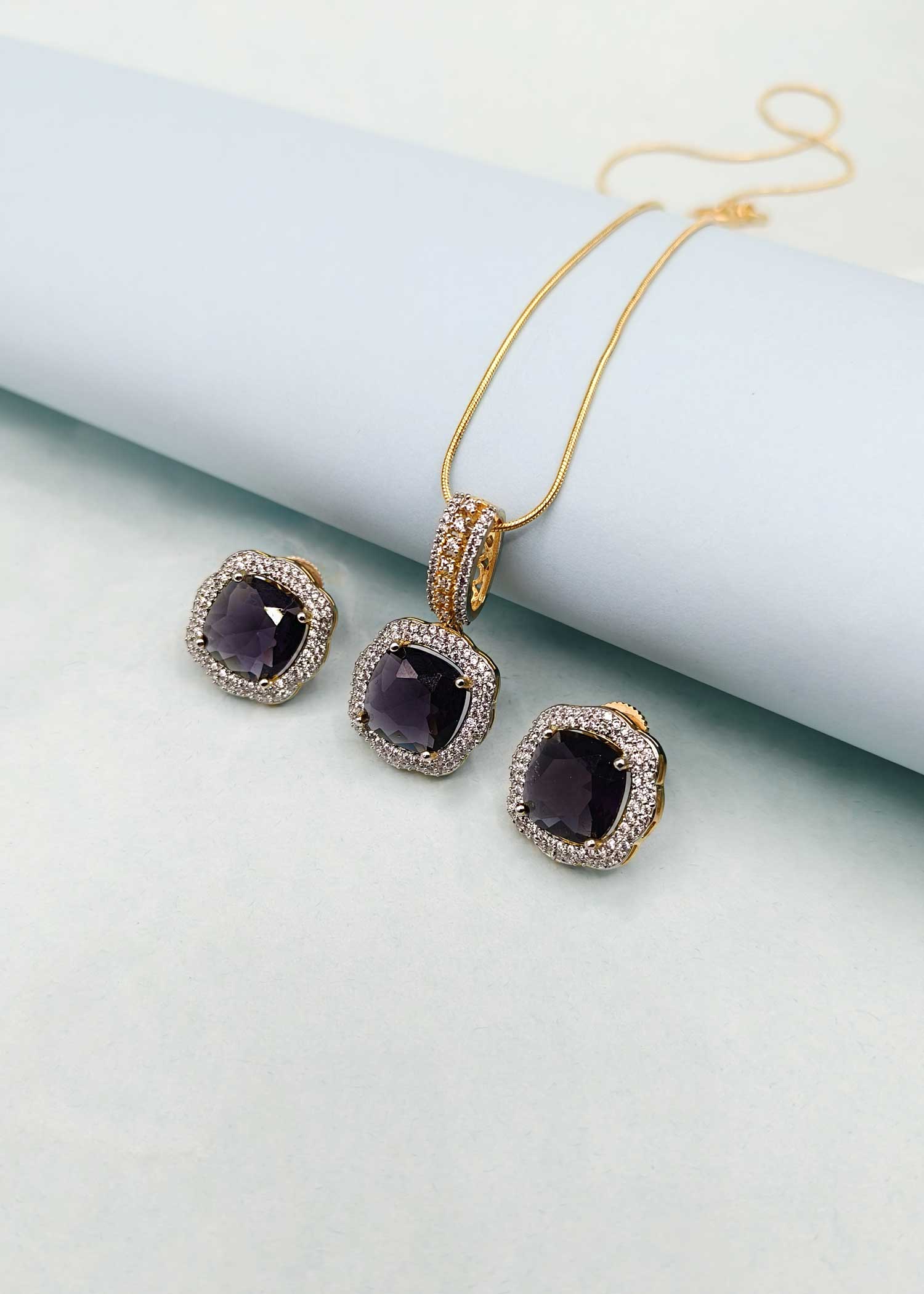 Silver Plated Cubic Zircon Studded Purple Designer Pendant Set