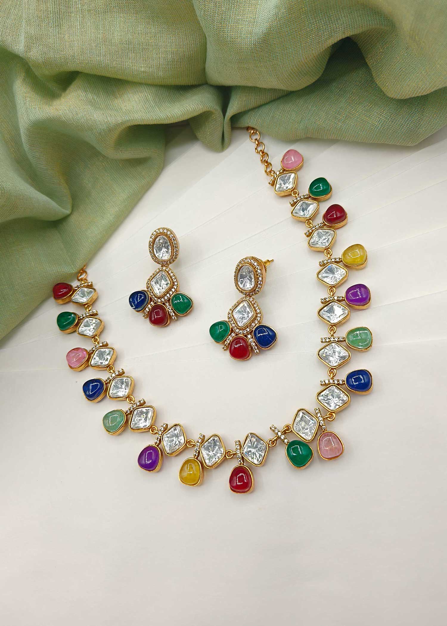 Cubic Zircon Kundan Stone Multi Color Necklace set