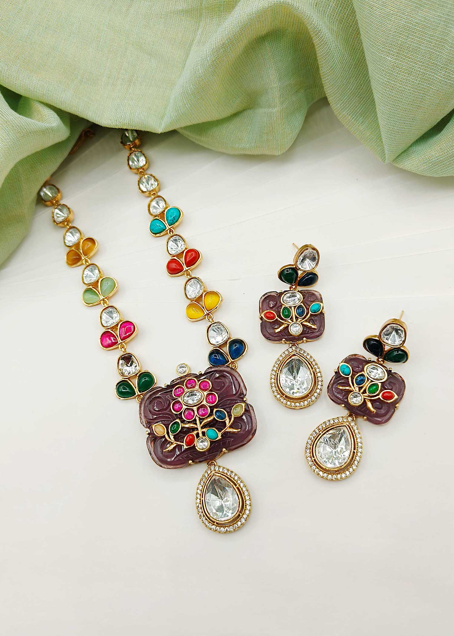 Unique Design Colourful Kundan Stone Long Necklace Set