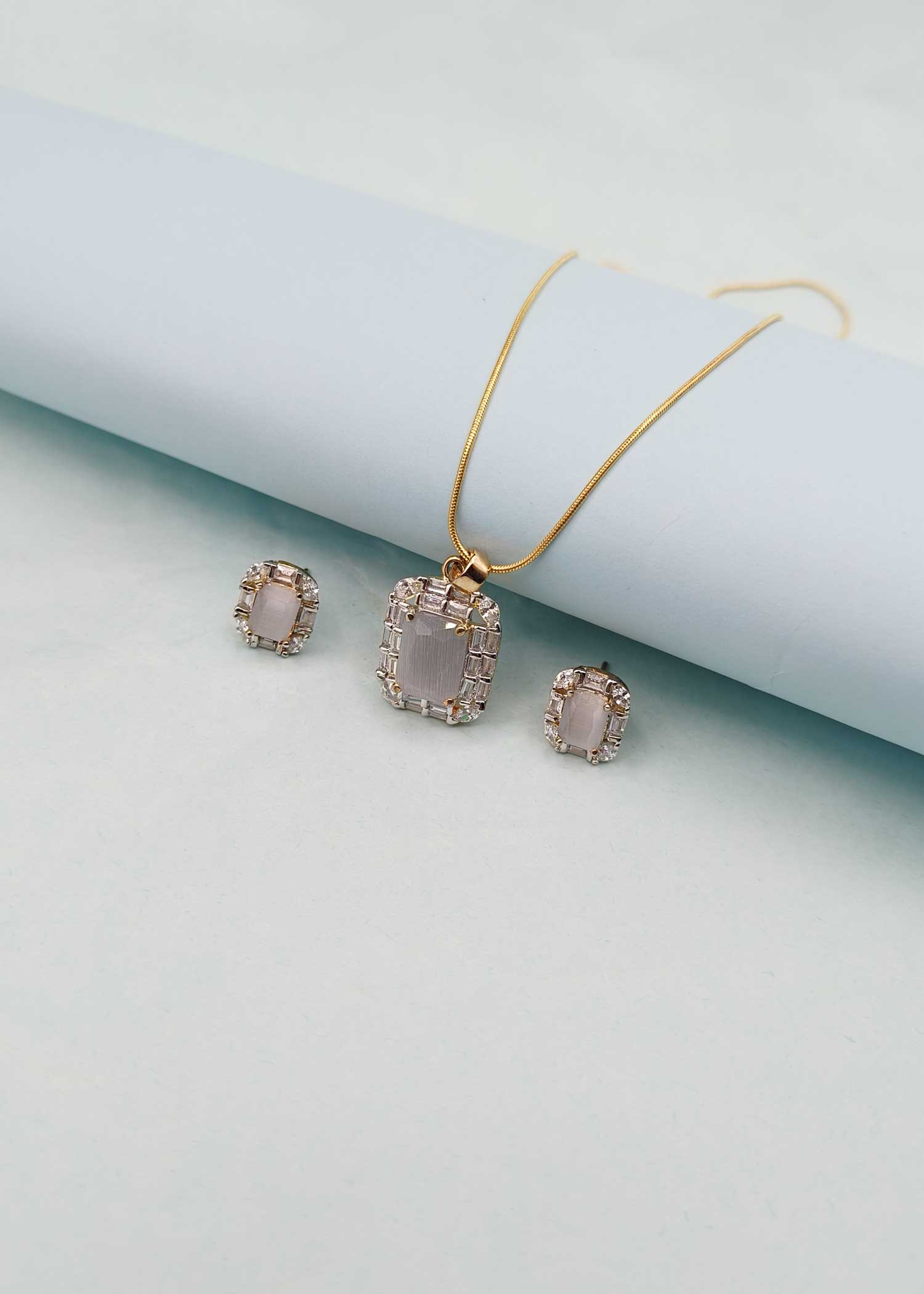 Square Shape Baguette Diamond Grey Pendant Set