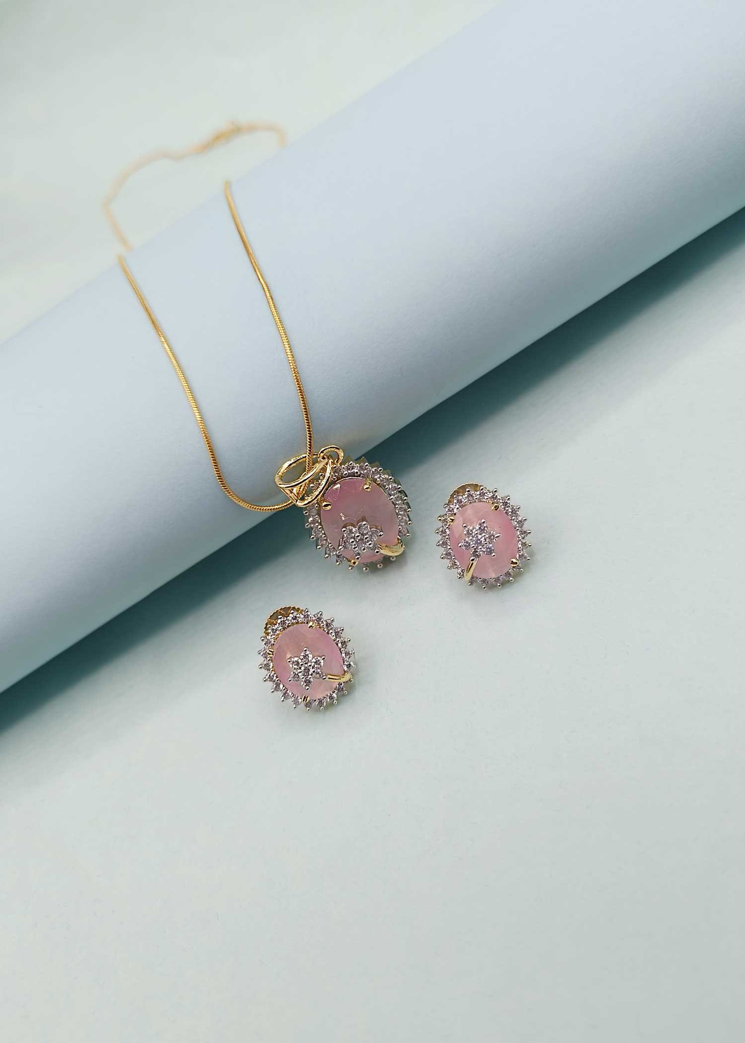 Colorful Cubic Zircon Oval Shape Pendant Set With Chain