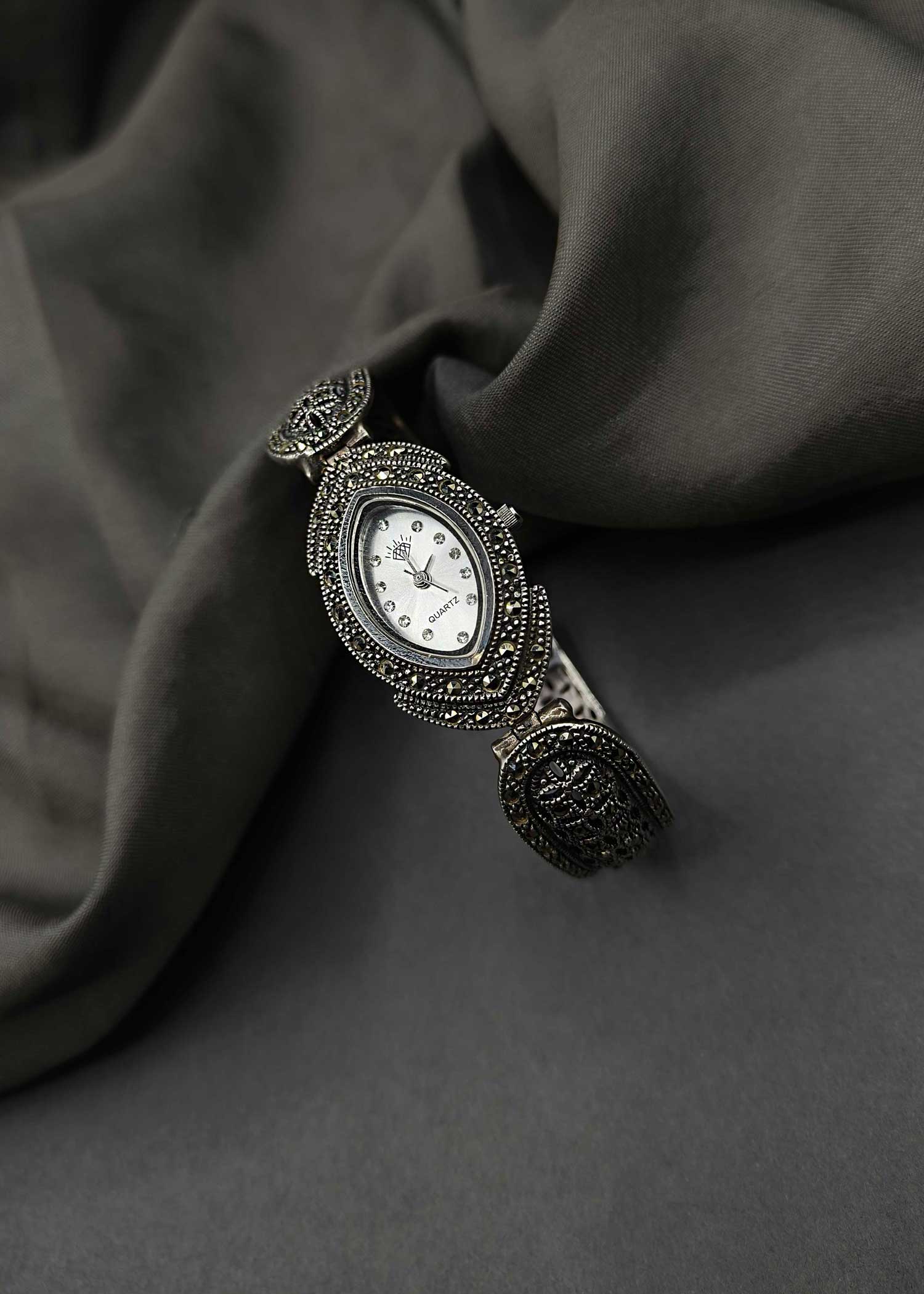 92.5 Sterling Silver Marcasite Stone Women Watch