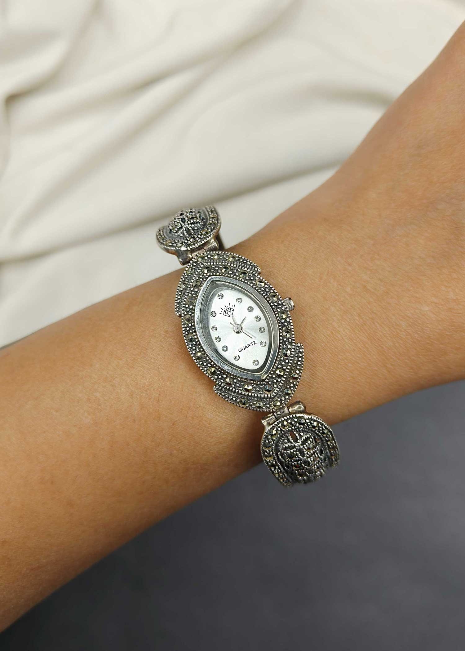 92.5 Sterling Silver Marcasite Stone Women Watch