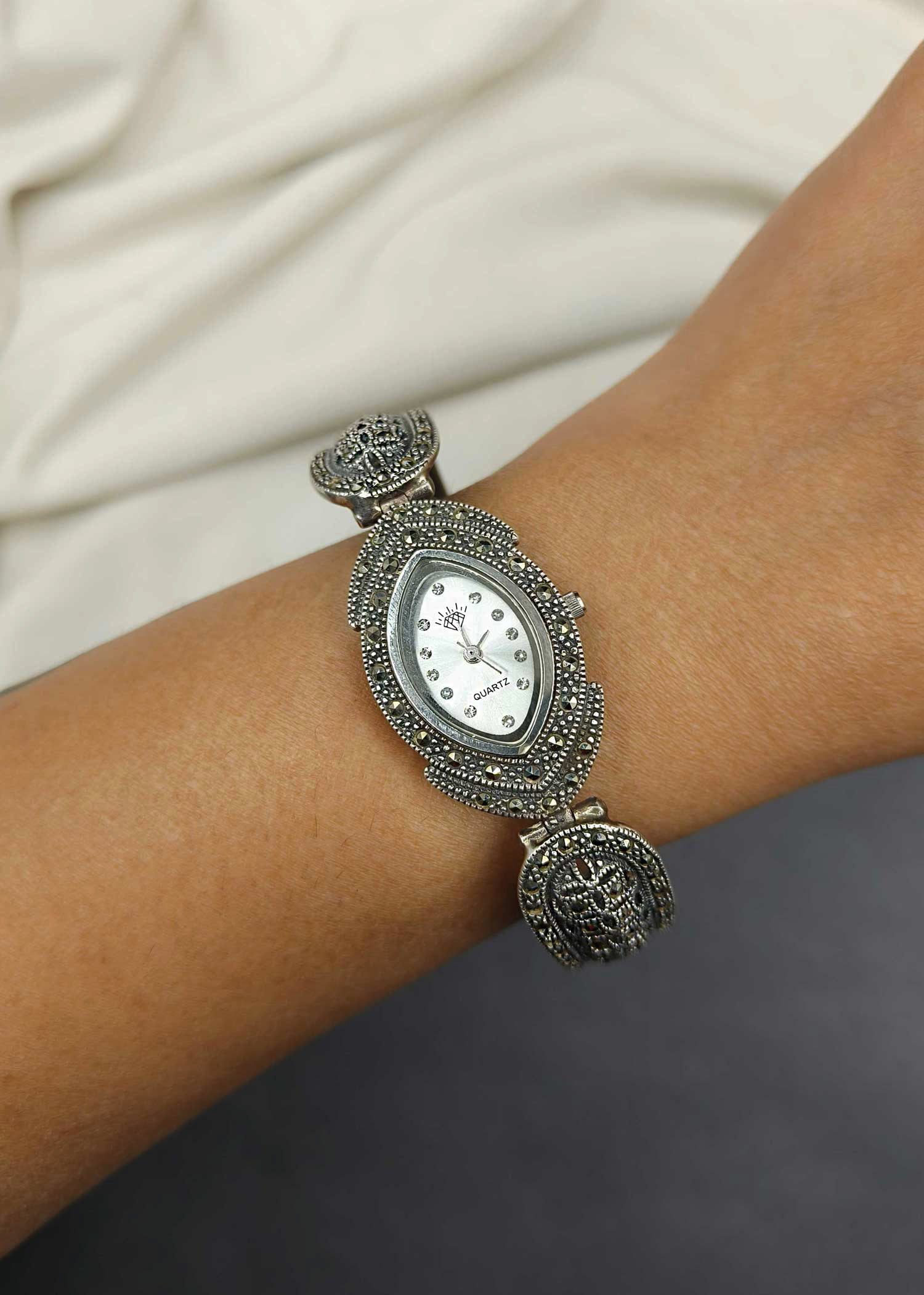 92.5 Sterling Silver Marcasite Stone Women Watch