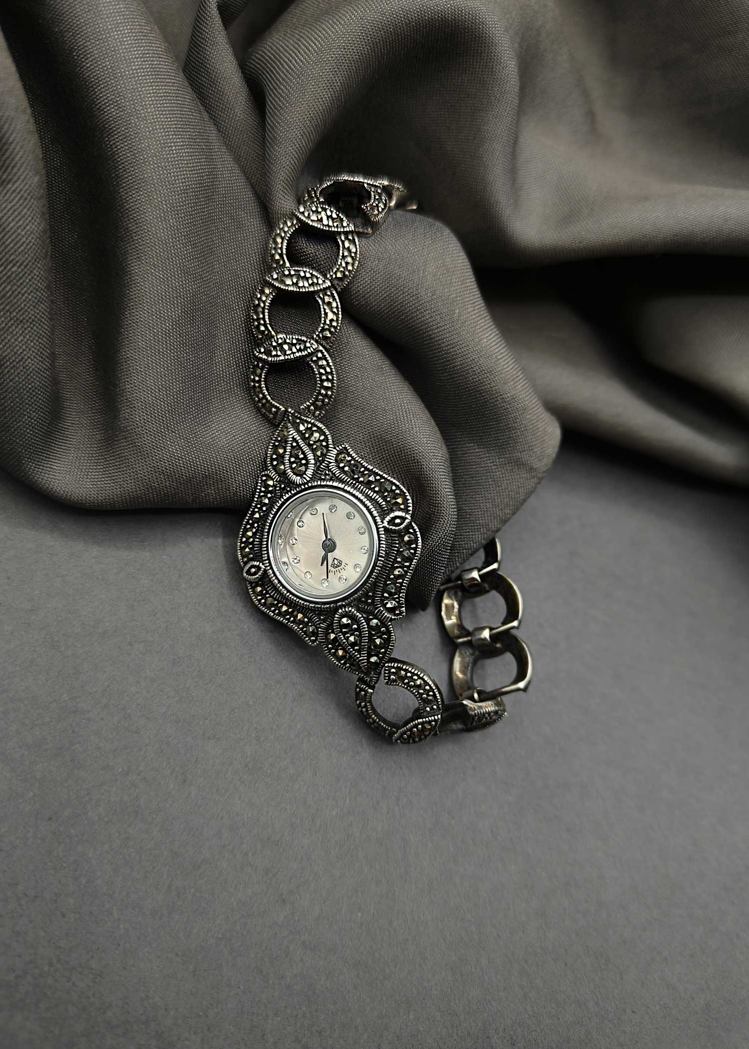 92.5 Sterling Silver Marcasite Stone Vintage Style Women Watch