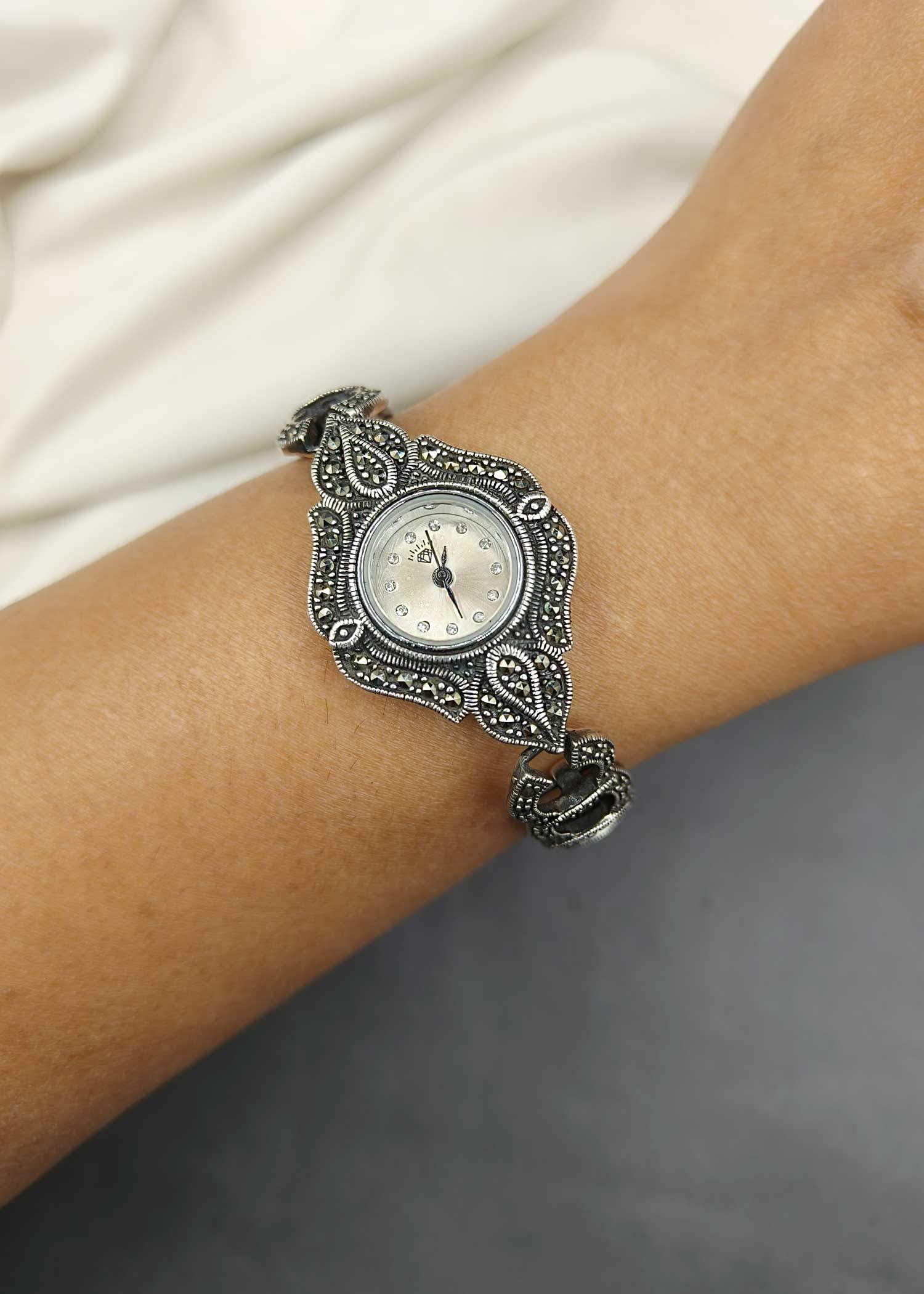 92.5 Sterling Silver Marcasite Stone Vintage Style Women Watch