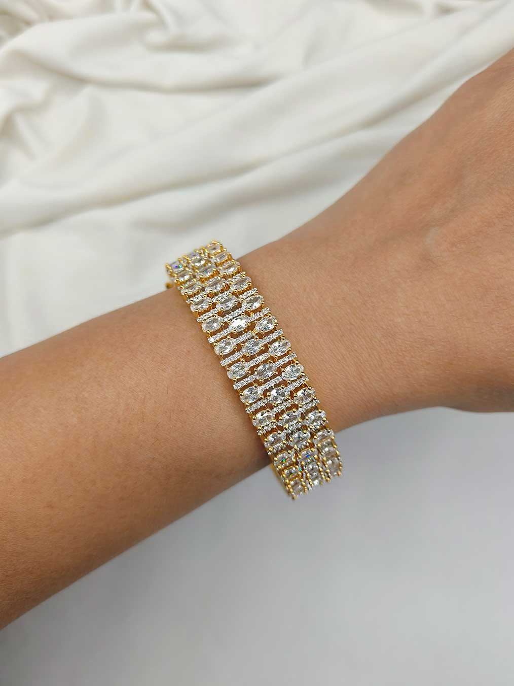 Cubic Zircon Gold-Silver Plated Broad Bangle