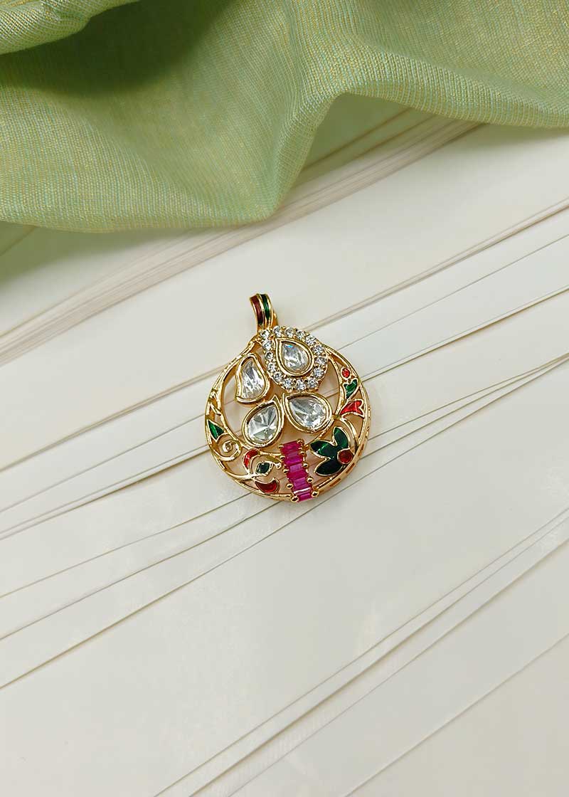 Round Shape Cubic Zircon Kundan Pendant Set