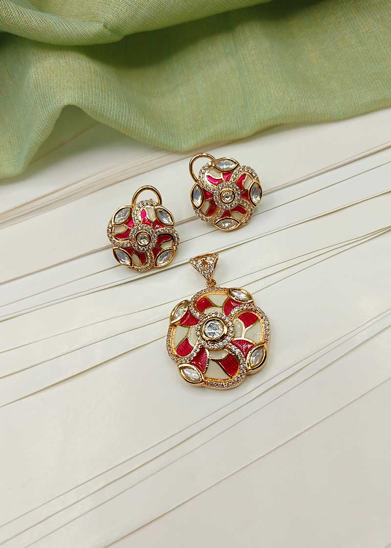 Cubic Zircon Floral Design Gold Plated Kundan Pendant Set