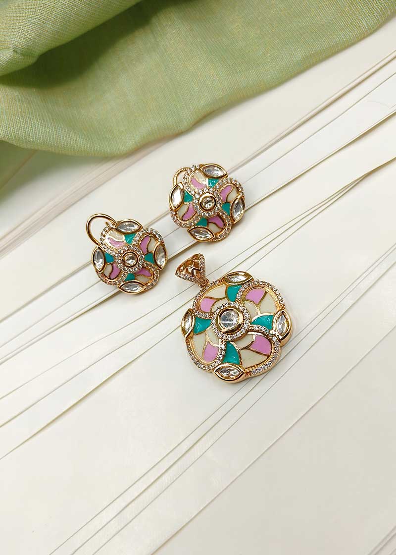 Cubic Zircon Floral Design Gold Plated Kundan Pendant Set