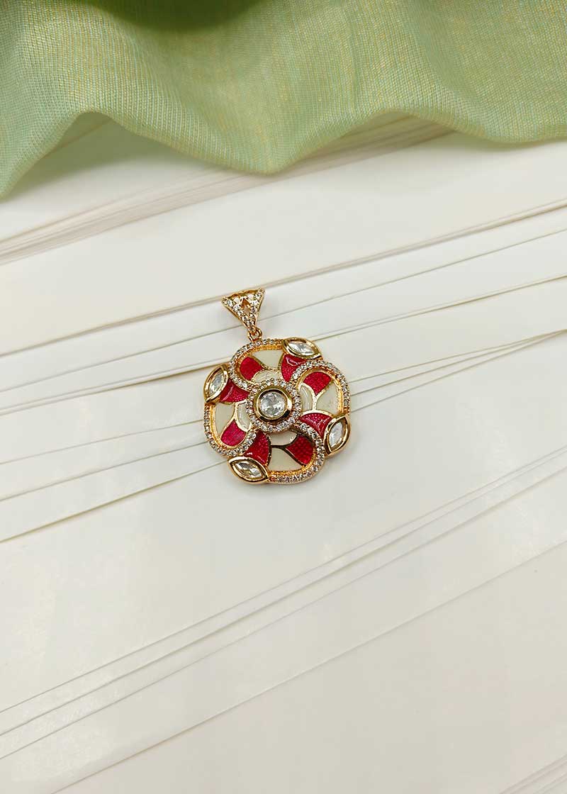 Cubic Zircon Floral Design Gold Plated Kundan Pendant Set