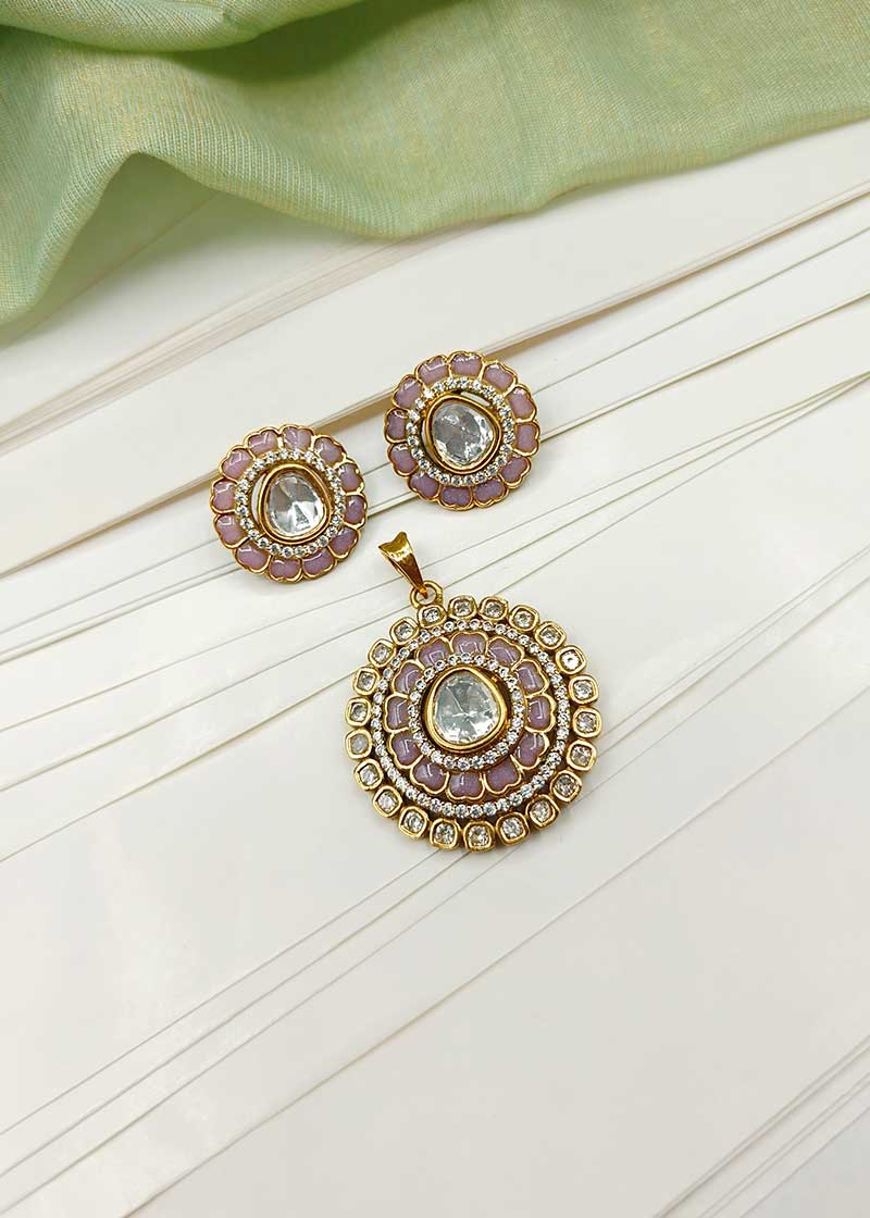 Cubic Zircon Floral Design Gold Plated Kundan Pendant Set