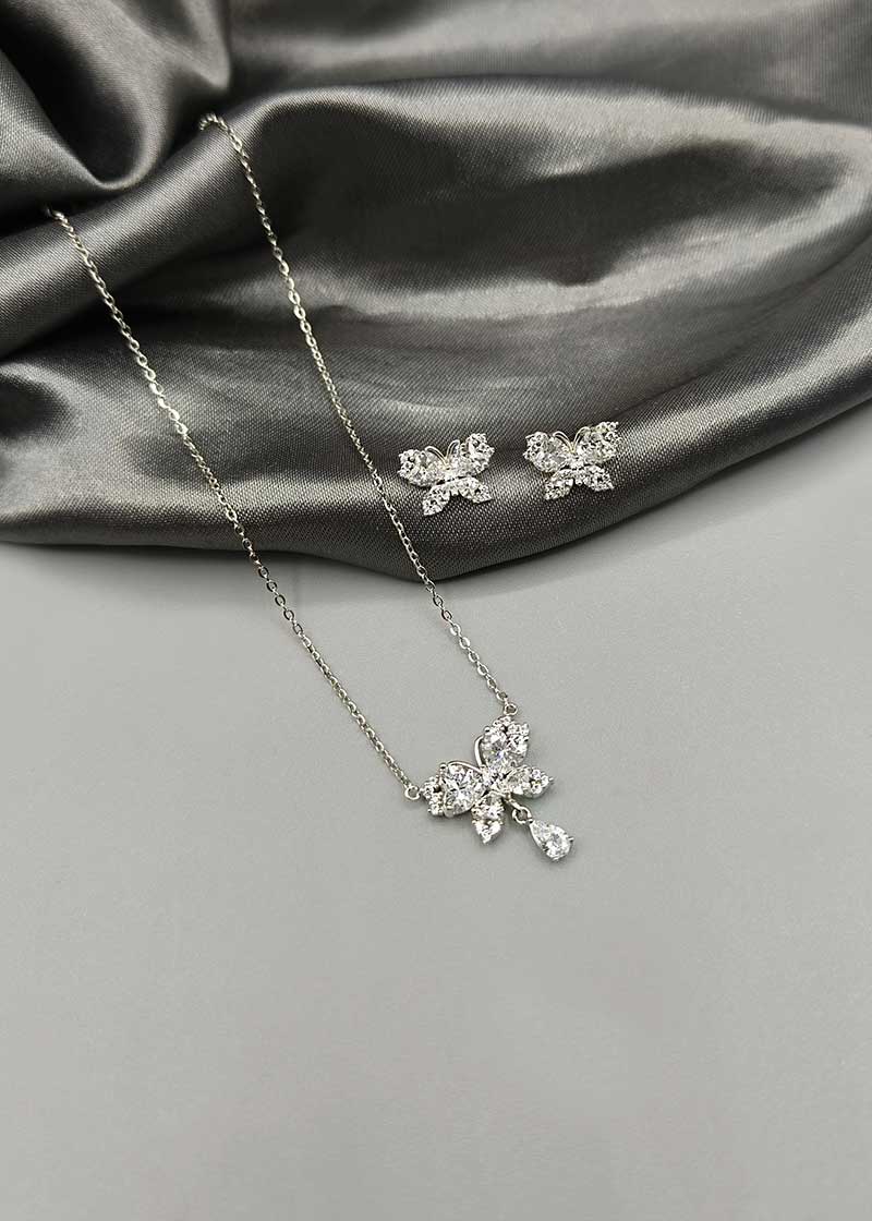 92.5 Sterling Silver Cubic Zircon Butterfly Designer Pendant Set