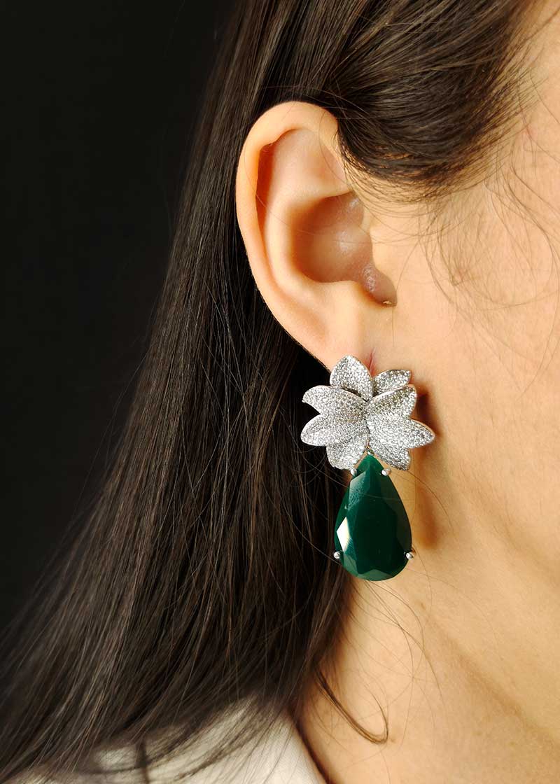 Cubic Zircon Floral Design Emerald Womens Earring