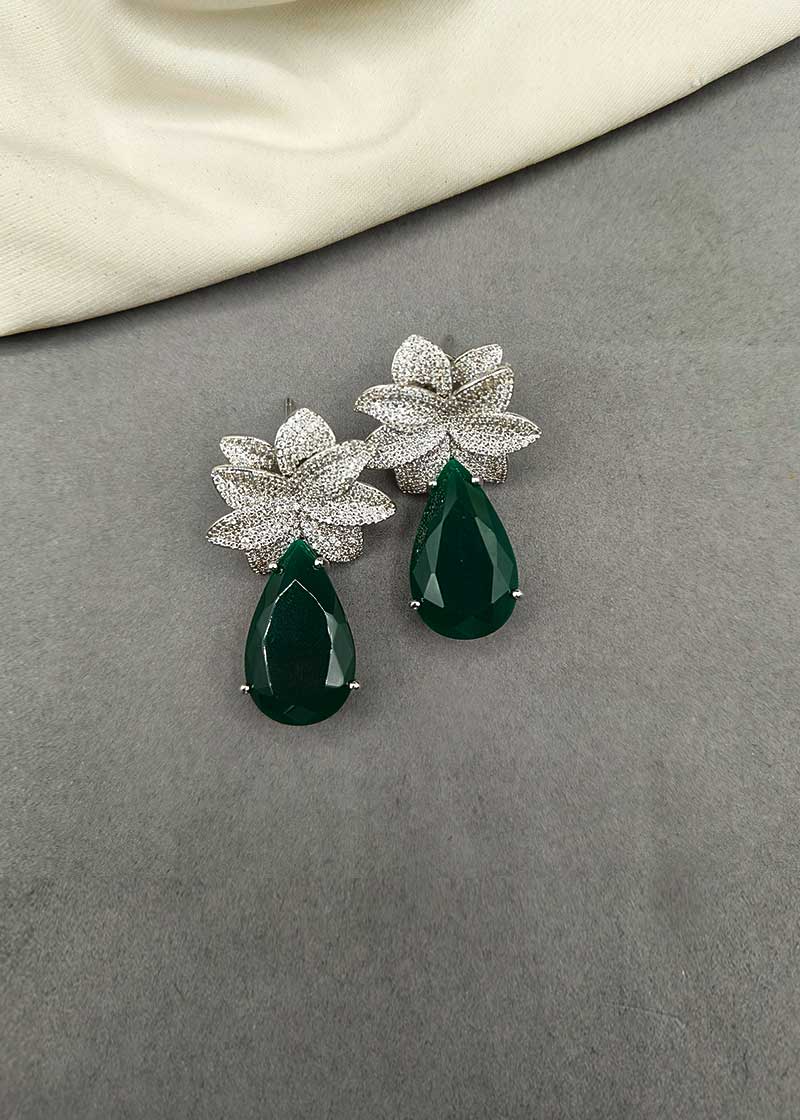 Cubic Zircon Floral Design Emerald Womens Earring