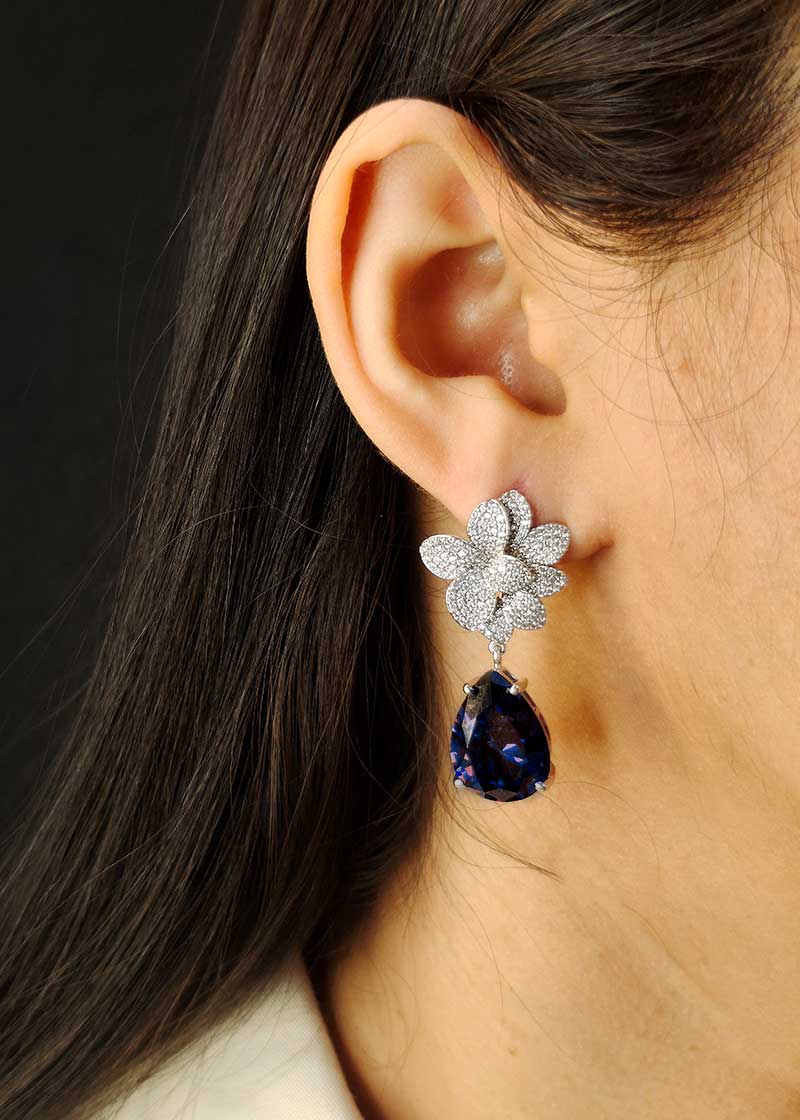 Cubic Zircon Floral Design Silver Plated Blue Stone Big Earring For Women