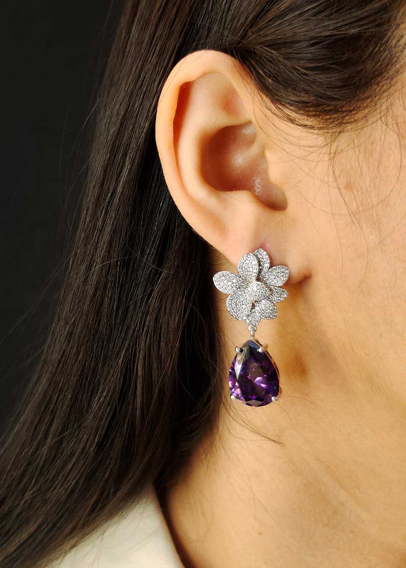 Cubic Zircon Floral Design Purple Stone Earring