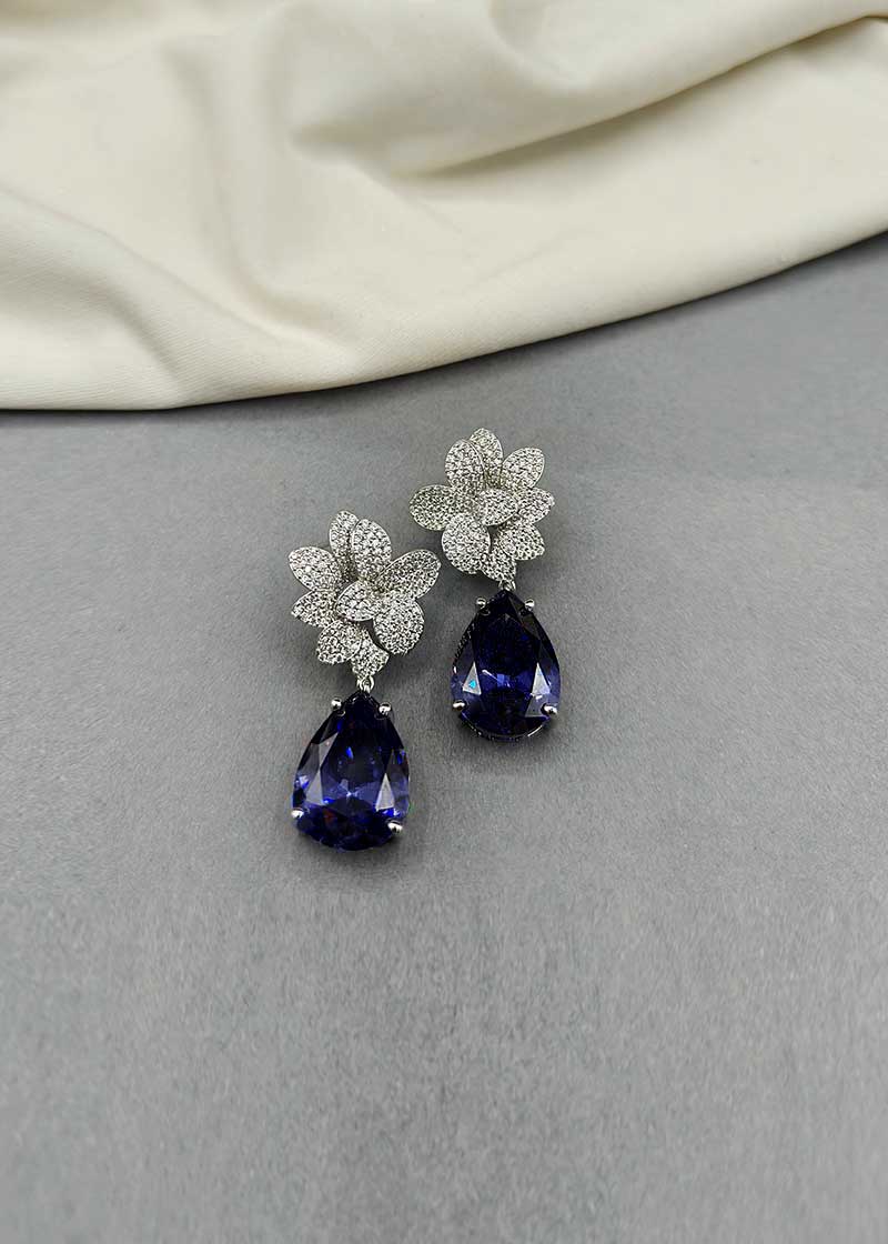 Cubic Zircon Floral Design Silver Plated Blue Stone Big Earring For Women