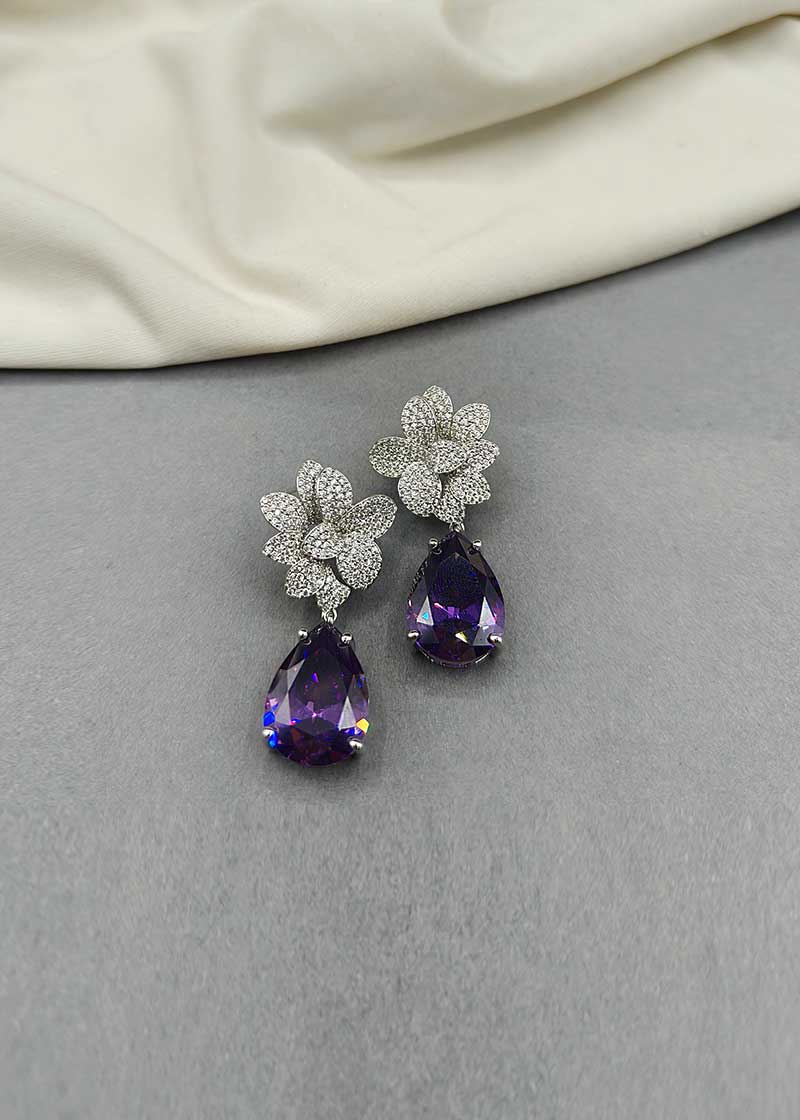 Cubic Zircon Floral Design Purple Stone Earring