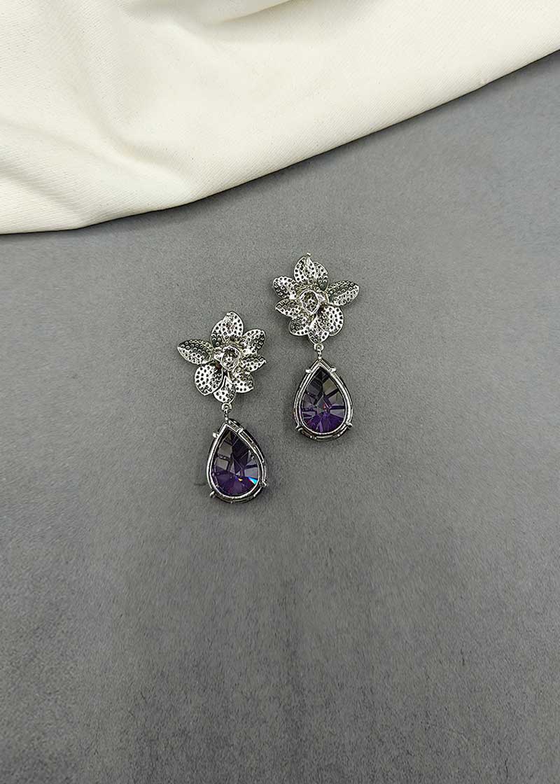 Cubic Zircon Floral Design Purple Stone Earring