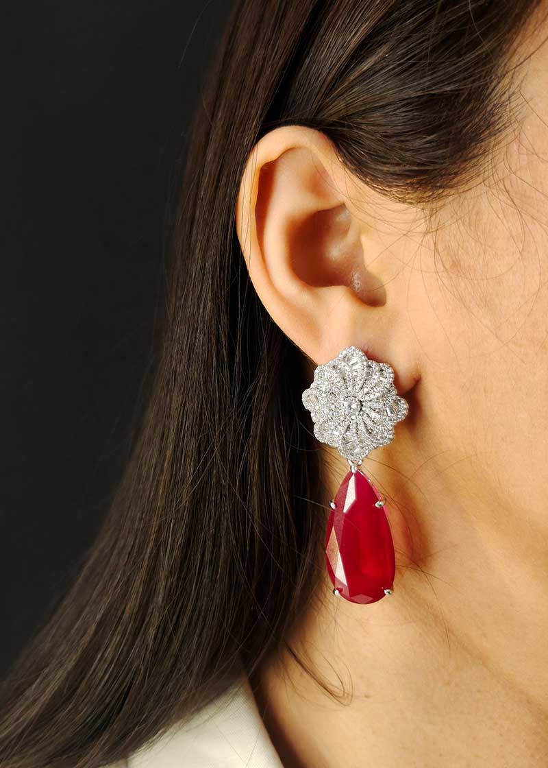 Cubic Zircon Baguette Ruby Stone Womens Earring