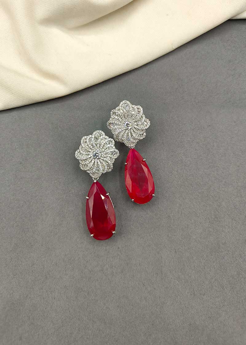 Cubic Zircon Baguette Ruby Stone Womens Earring