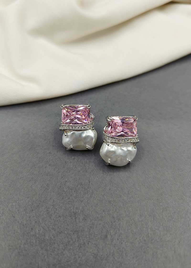 Cubic Zircon Light Pink Stone Pearl Earring