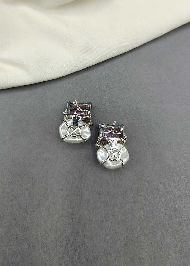 Cubic Zircon Light Pink Stone Pearl Earring