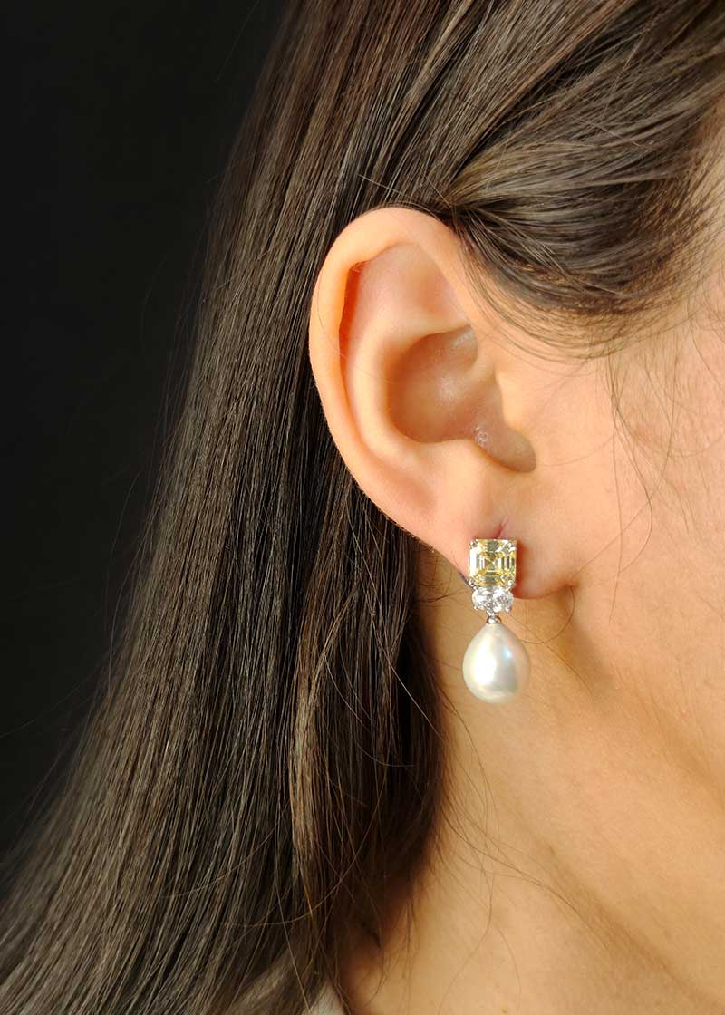 Cubic Zircon Yellow Hanging Pearl Earring