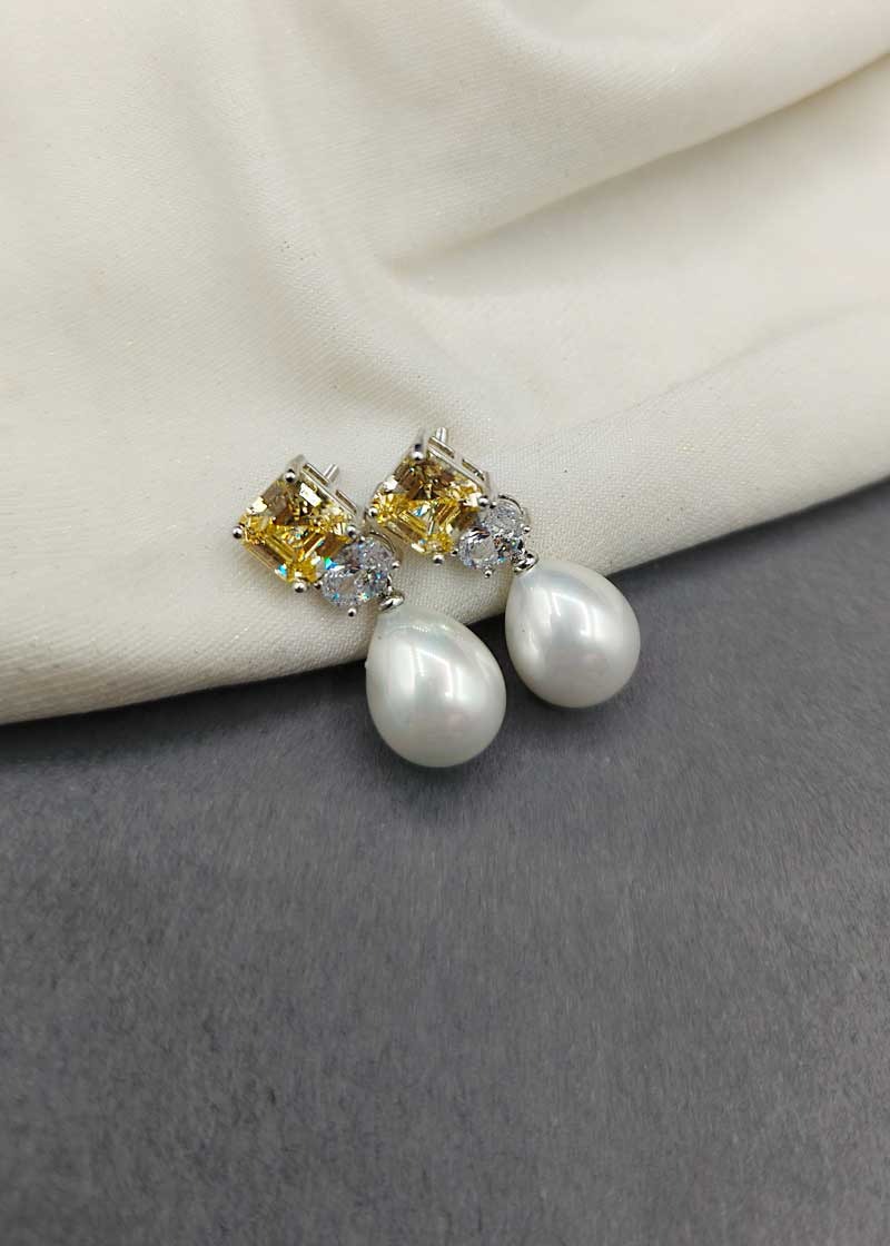 Cubic Zircon Yellow Hanging Pearl Earring