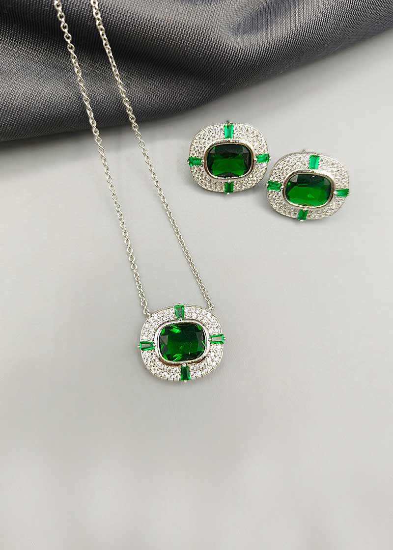 Square Cut Ruby And Green Silver Plated Pendant Set