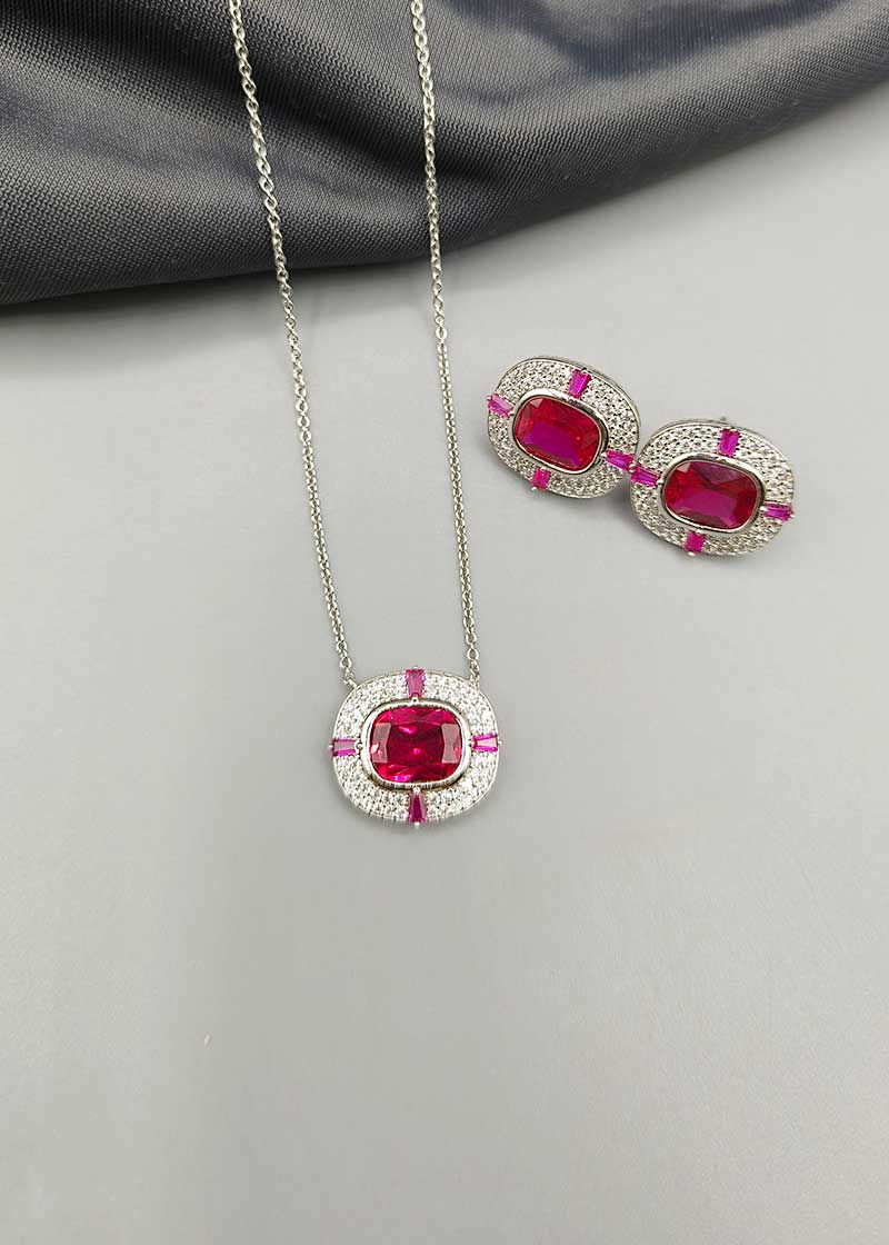 Square Cut Ruby And Green Silver Plated Pendant Set