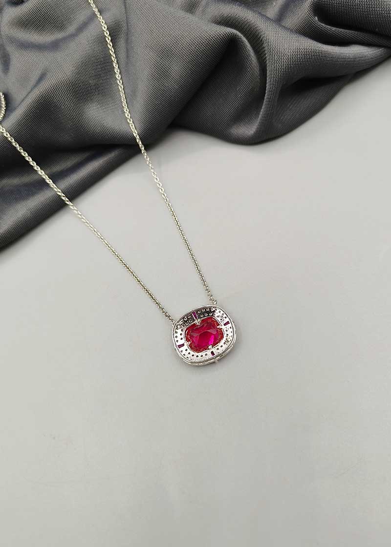 Square Cut Ruby And Green Silver Plated Pendant Set