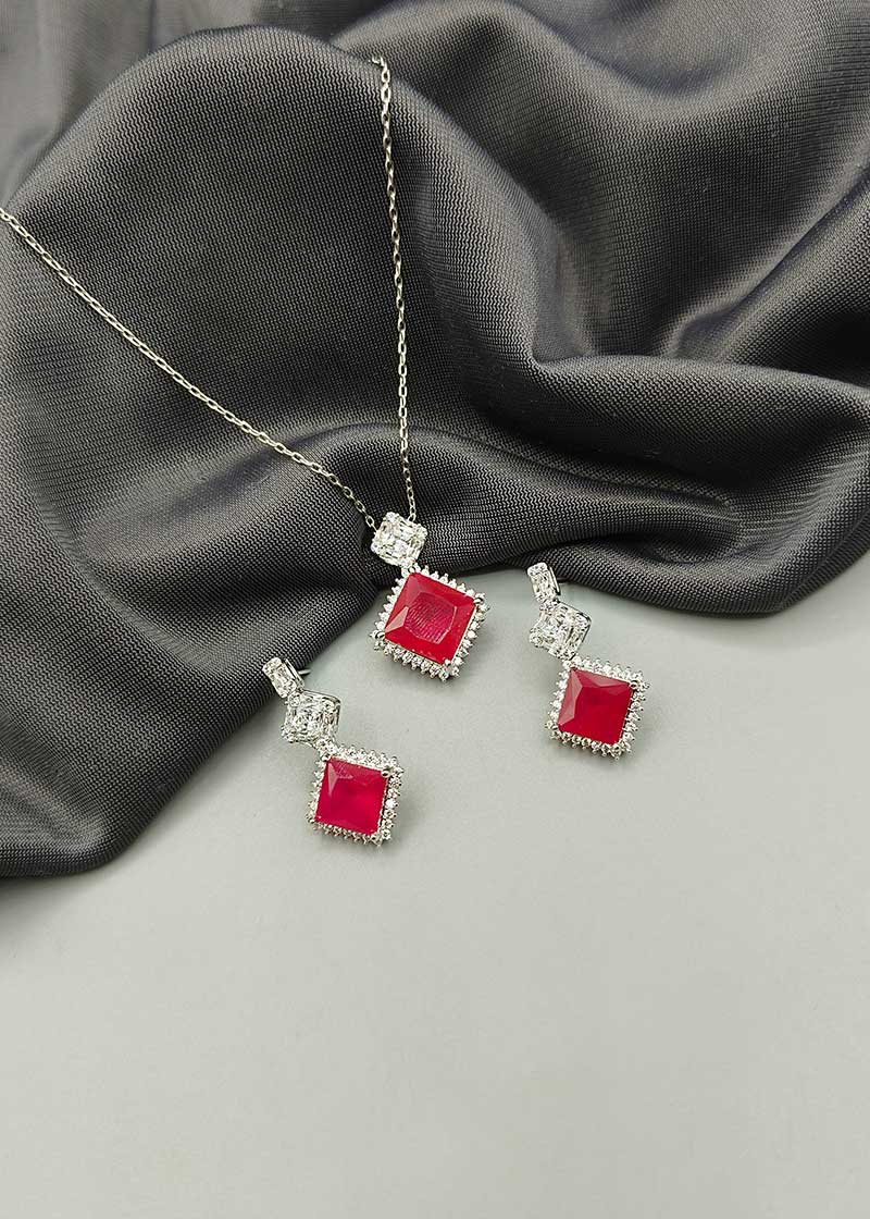 Cubic Zircon Colorful Silver Plated Designer Pendant Set