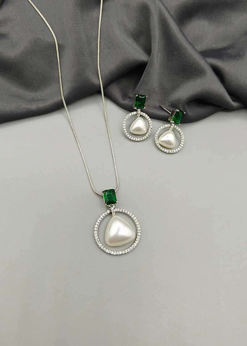 Cubic Zircon Hanging Pearl Designer Pendant Set