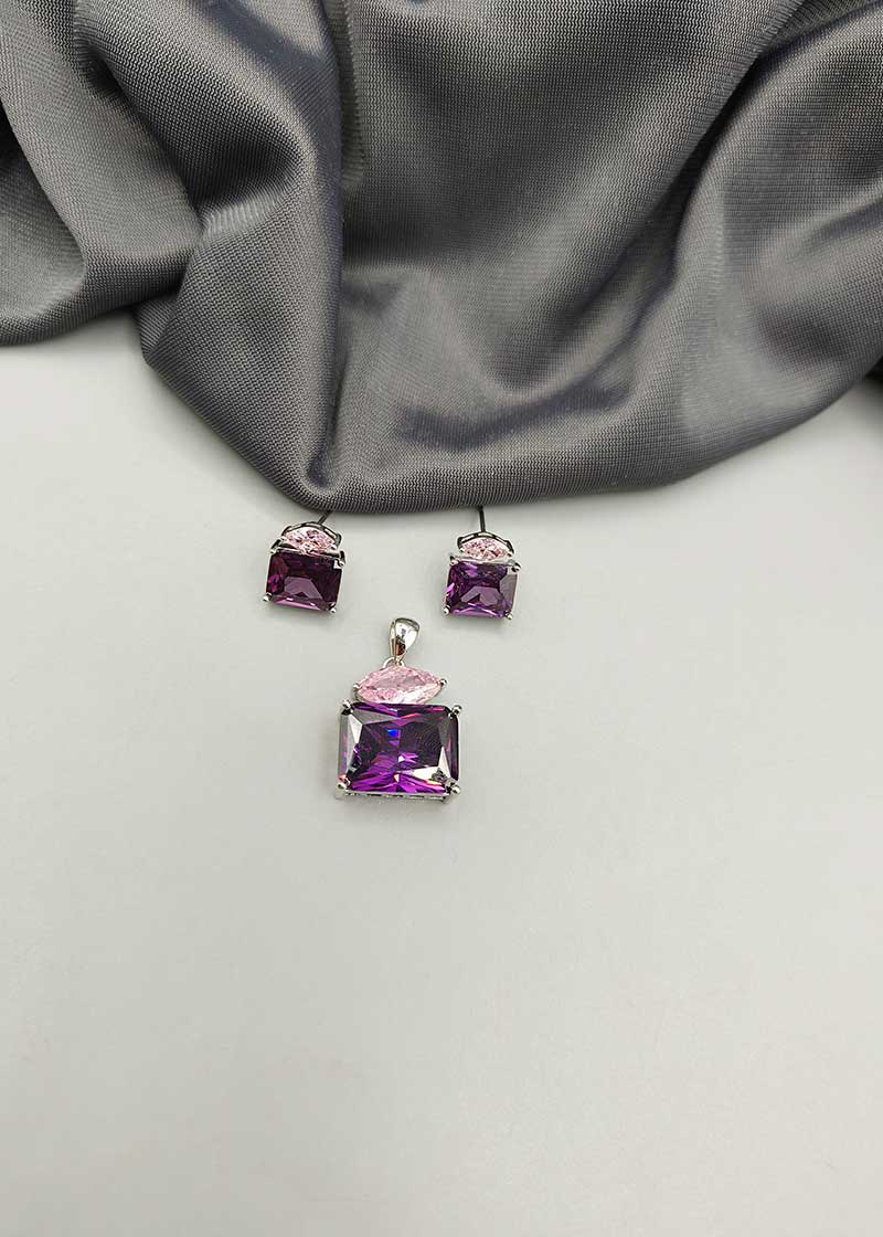 Cubic Zircon Multicolor Small Square Shape Pendant Set