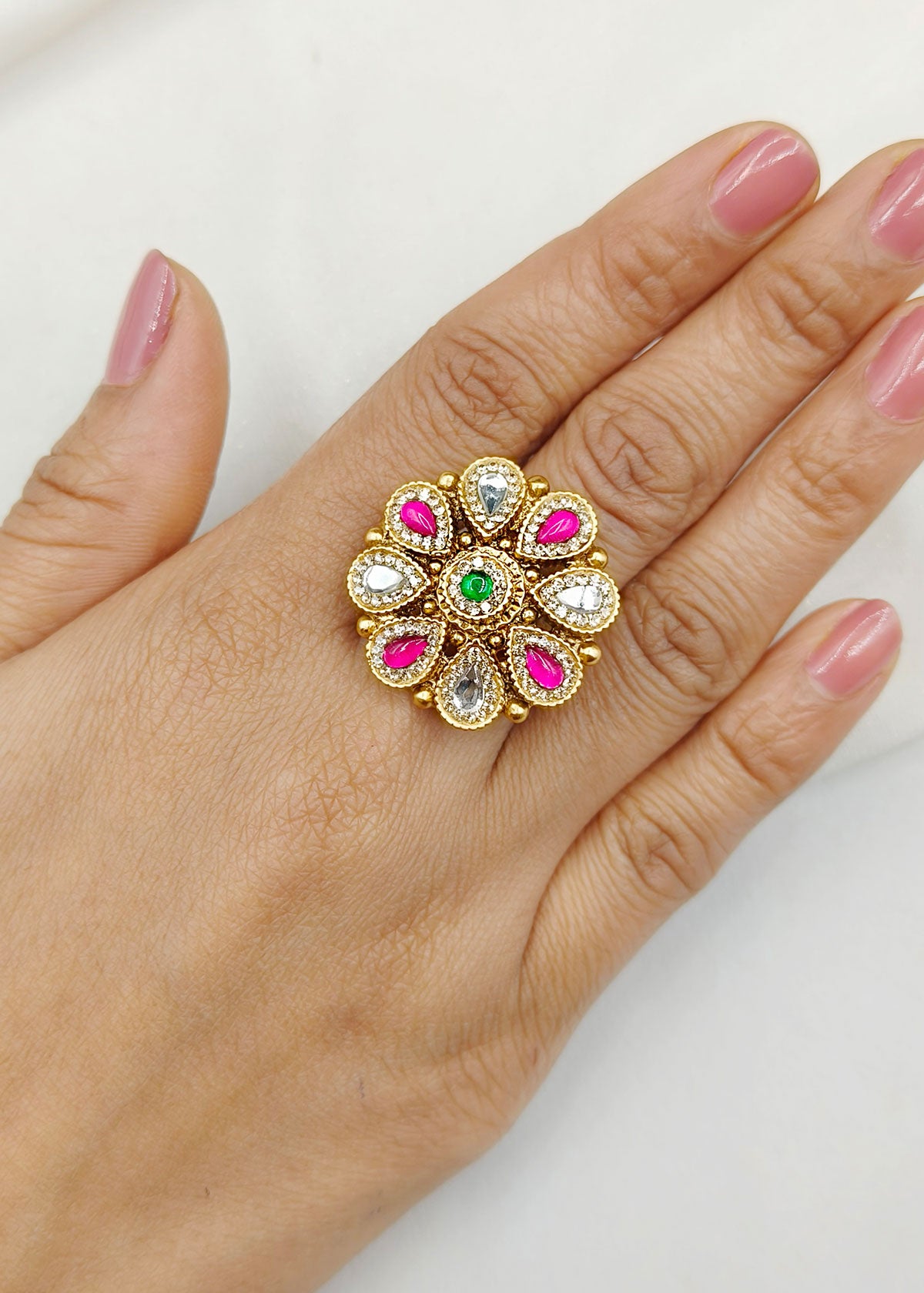 Kundan Cubic Zircon Pink Green Adjustable Gold Plated Finger Ring