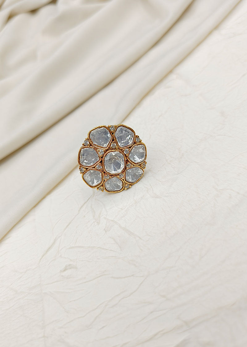 Kundan Round Shaped Traditional Adjustable Big Finger Ring For Women