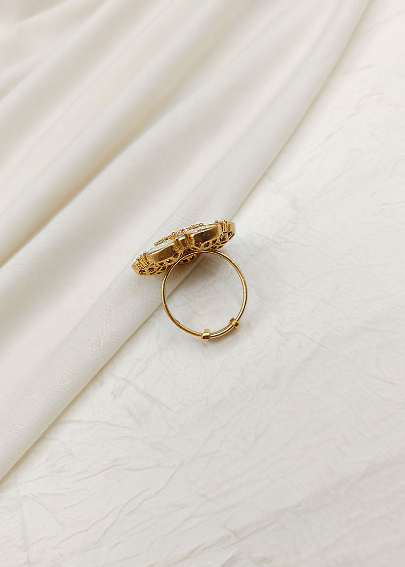Kundan Round Shaped Traditional Adjustable Big Finger Ring For Women